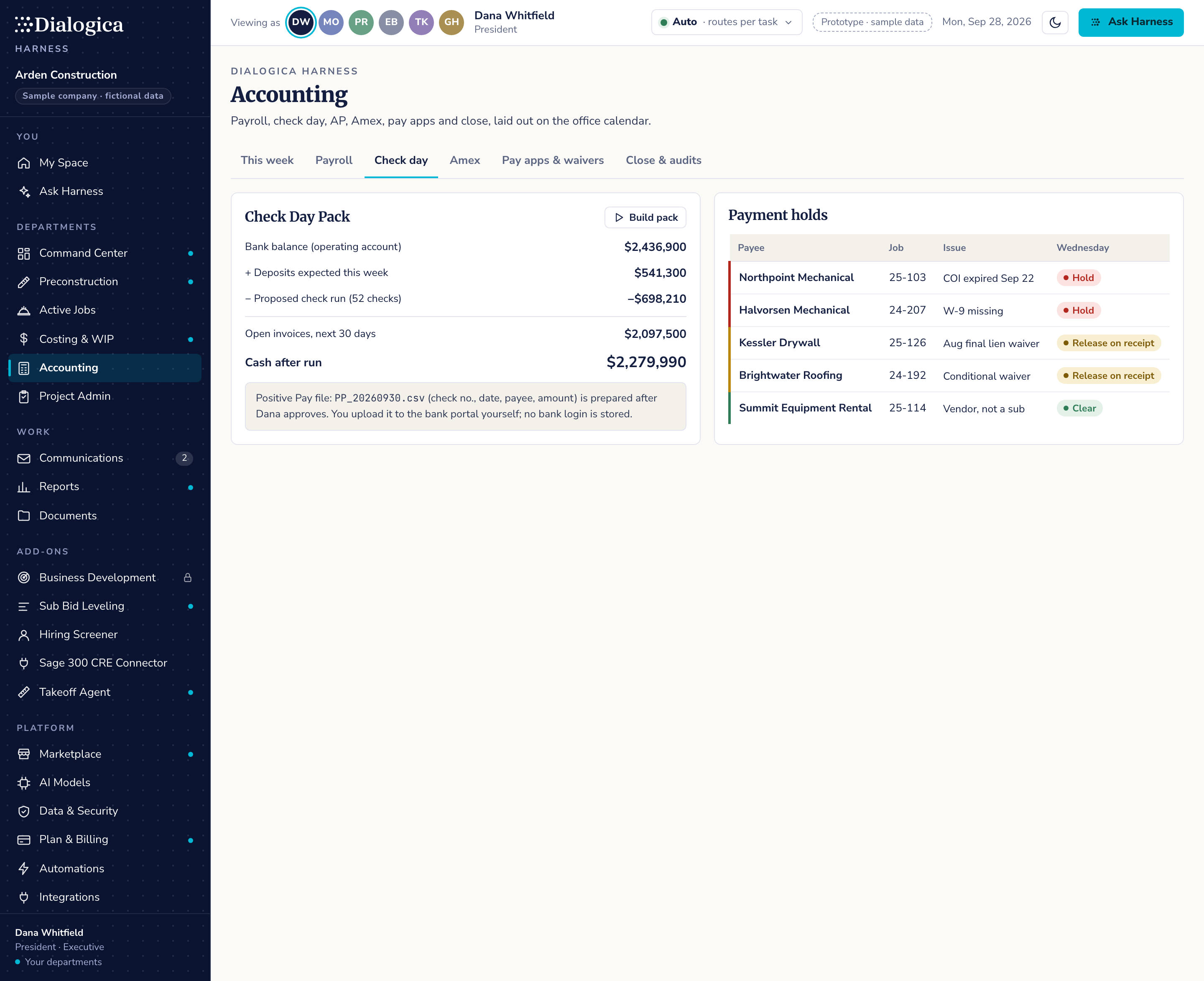 Accounting: Check day screen