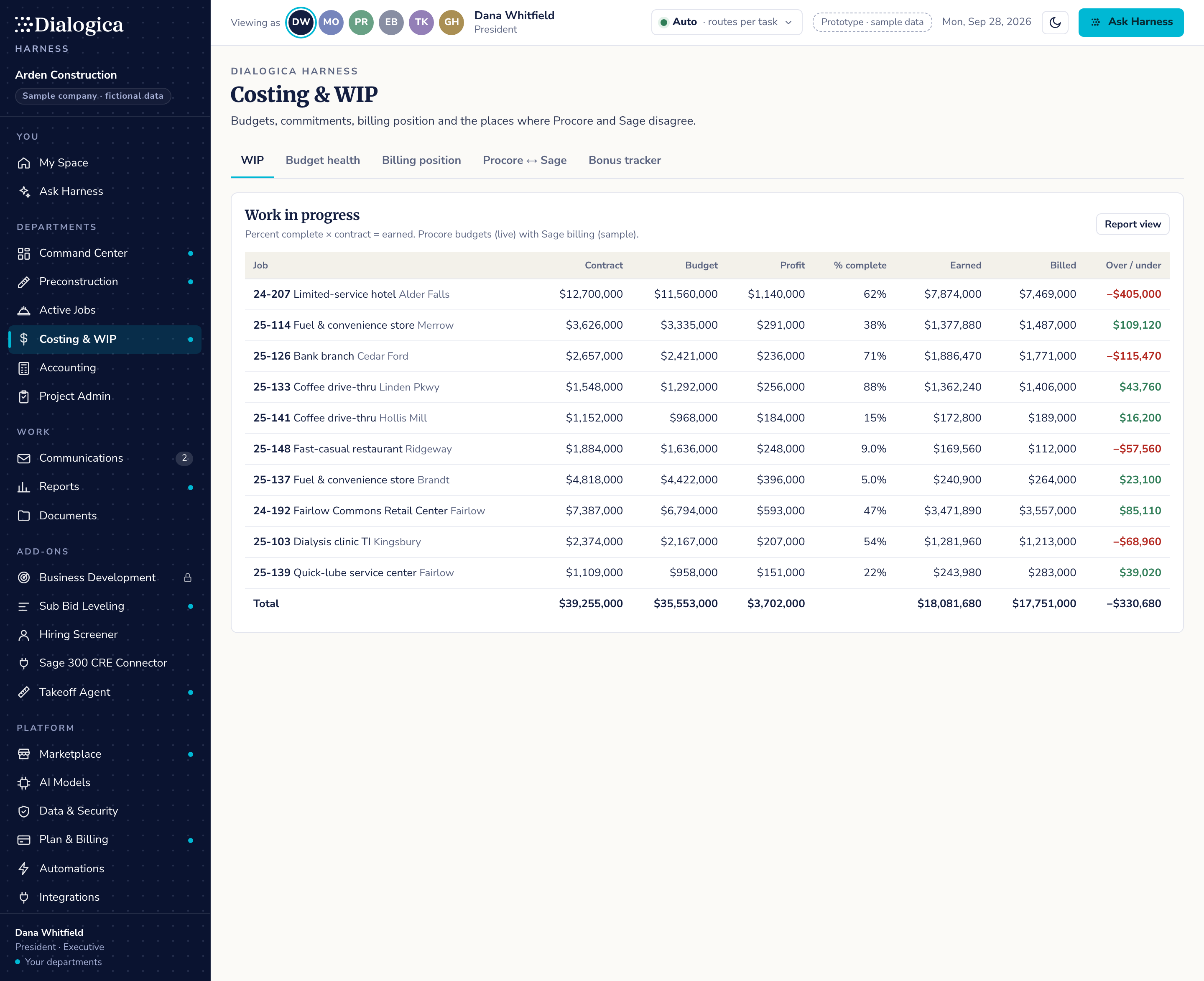 Costing & WIP: WIP screen