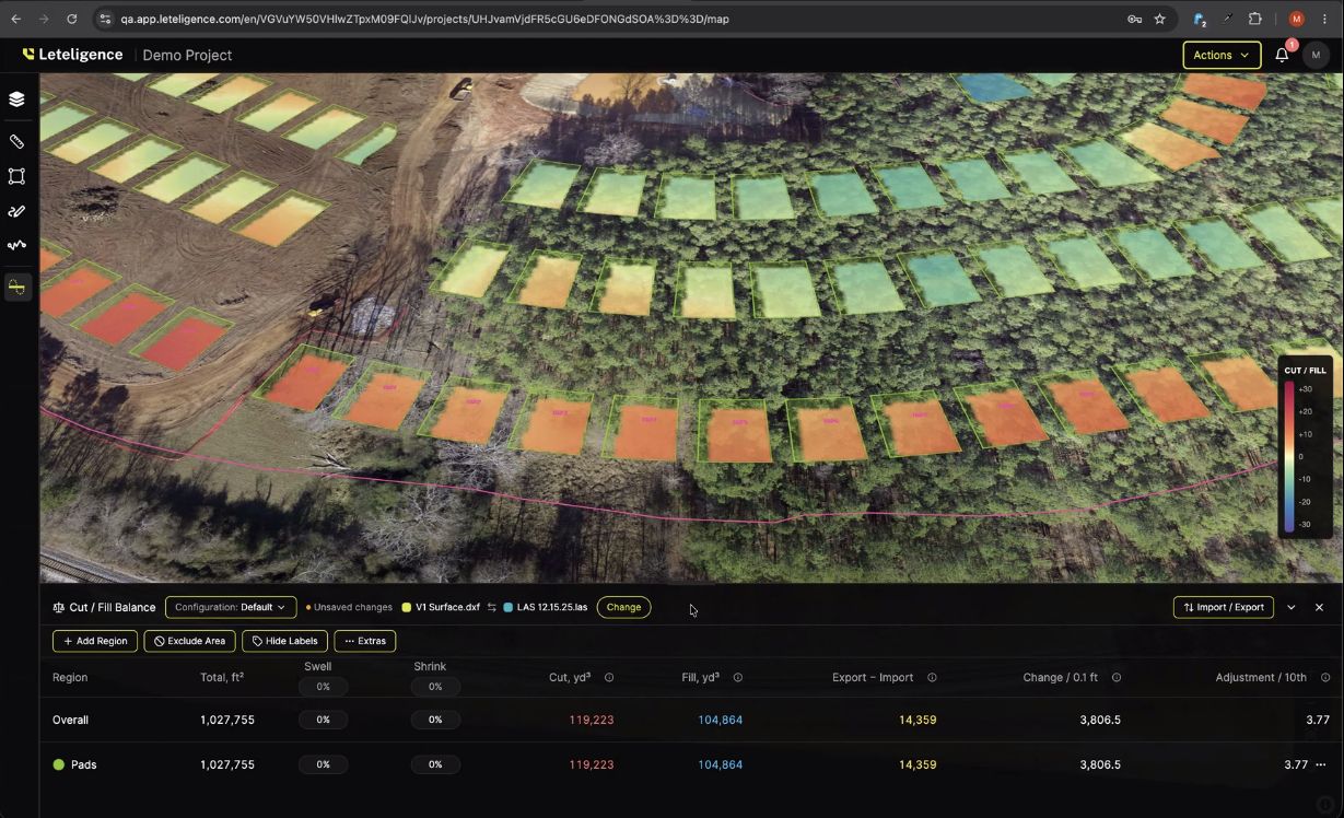 Leteligence cut and fill analysis over an aerial site map