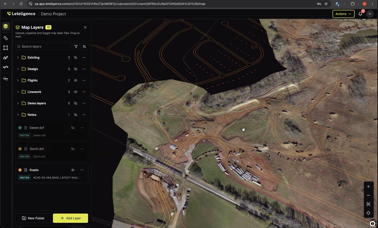 Leteligence map layer management with CAD linework and aerial imagery