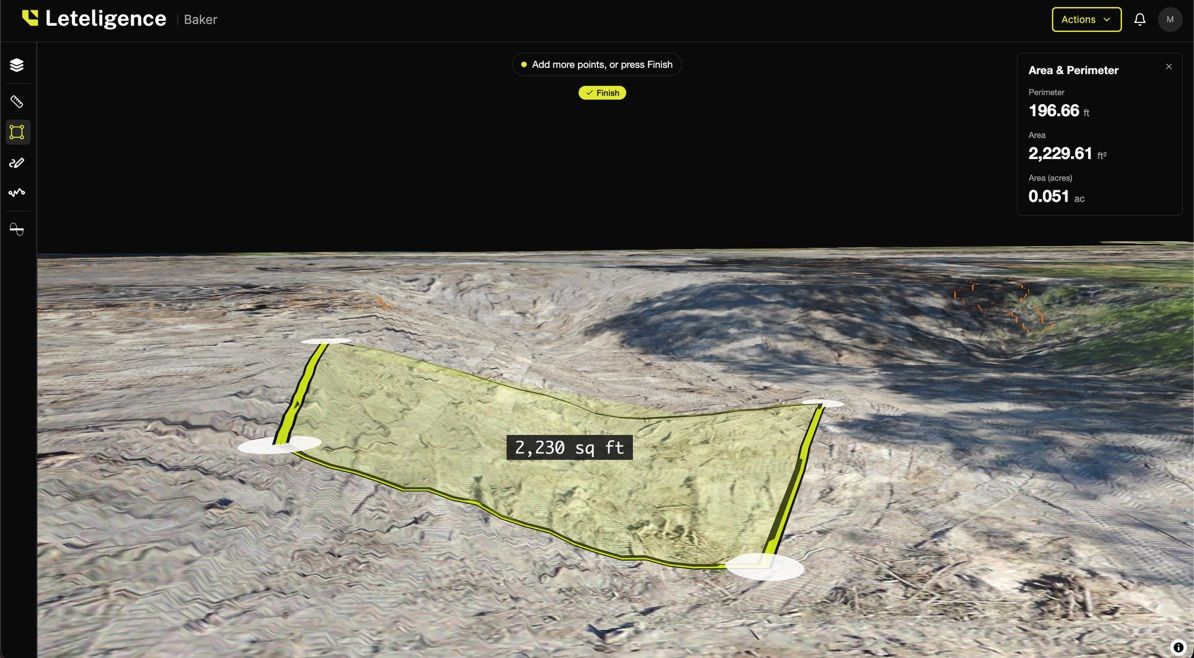 Leteligence platform — area and perimeter measurement on a 3D drone terrain map