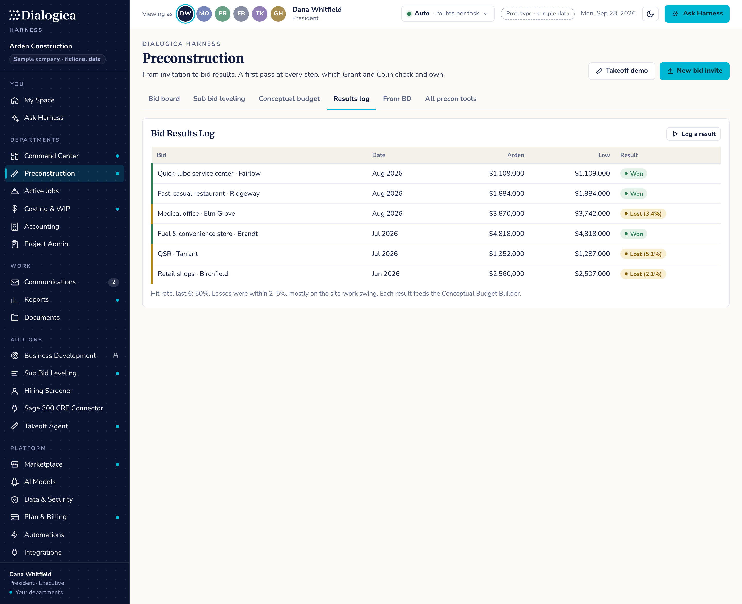Preconstruction: Results log screen